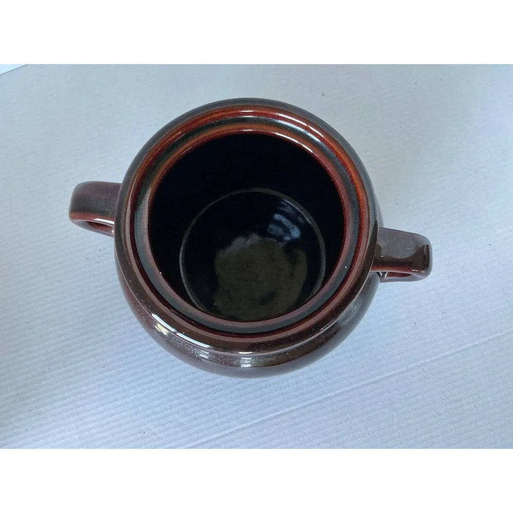 Vintage Ceramic Bean Pot Double Handle Brown Stoneware USA Crock Small